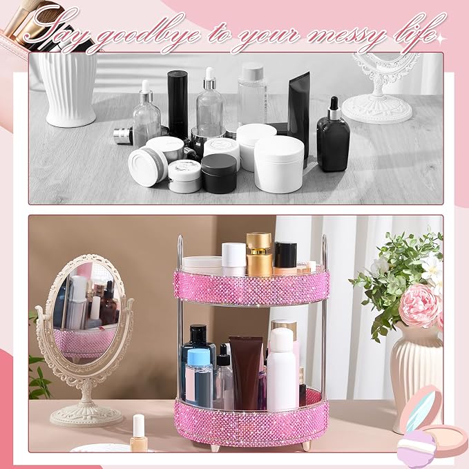 Honeydak 360 Rotating Perfume Organizer Gift for Women, Rhinestone Preppy Skincare Organizer Bathroom Counter Makeup Holder Skincare and Perfume Storage for Cosmetic(2 Tiers,Pearl,Pink)