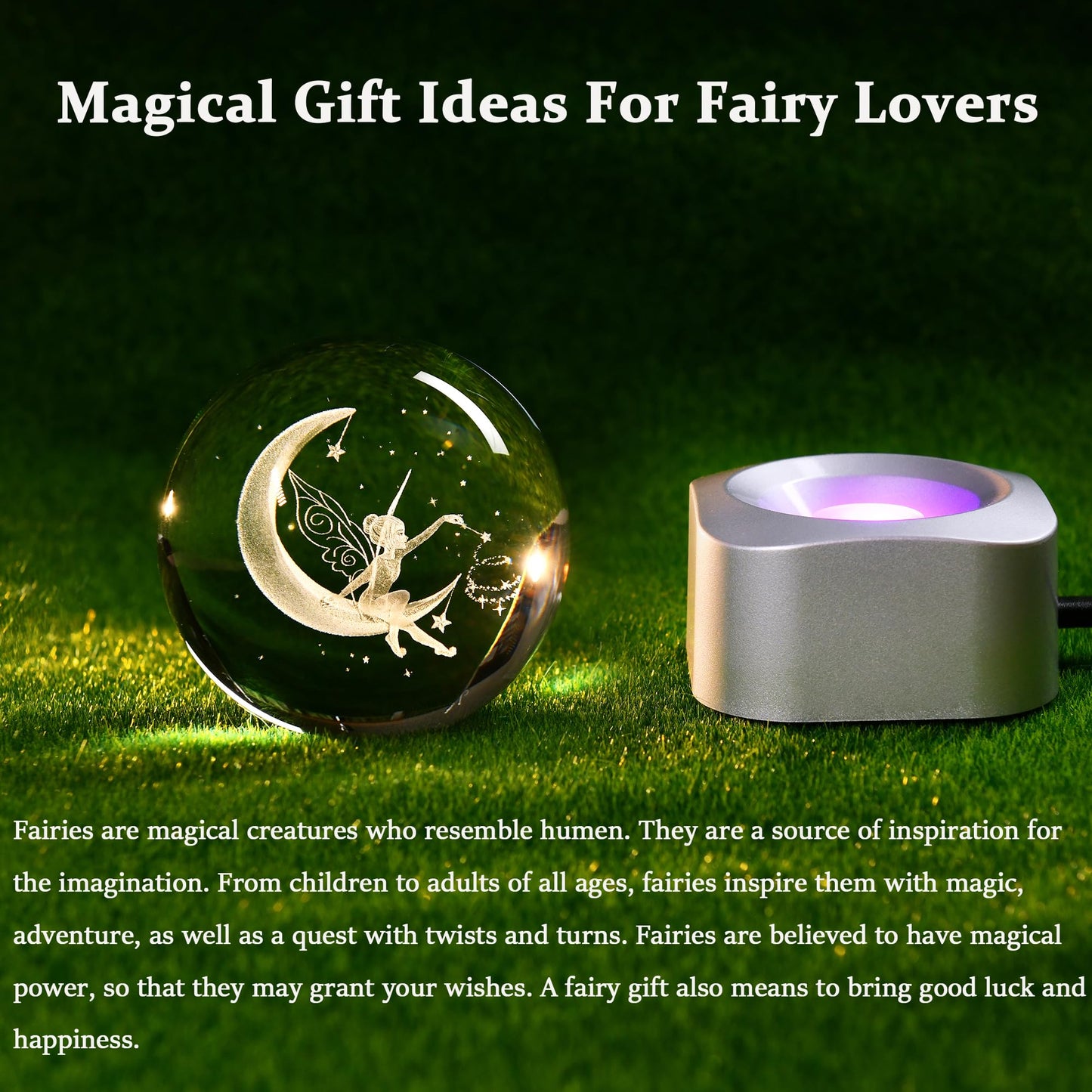IFOLAINA 3D Fairy Crystal Ball with Rotating Lighted Stand Moon Fairy Glass Ball Decorative Globes Crystal Fairy Sphere Gifts for Girl Her Fairy Lover Birthday Gifts for Daughters