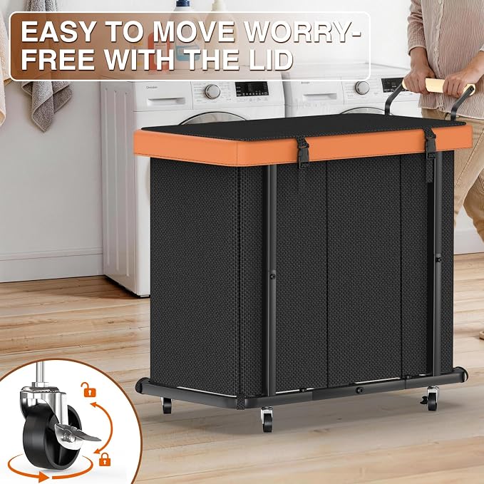 Rolling Laundry Hamper with Wheels, Laundry Hamper 3 Section with Lid, Laundry Basket with Rolling Lockable Wheels and Handle, Laundry Basket Organizer for Laundry Room, Bedroom 230L Black