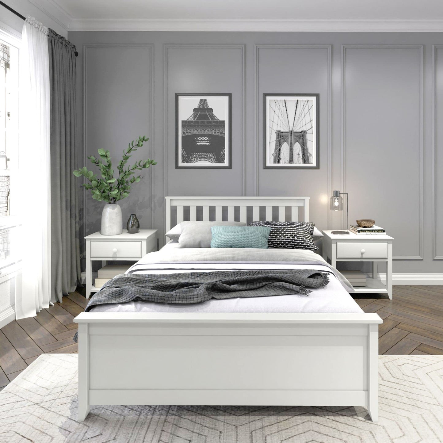Plank+Beam Solid Wood Full Bed Frame, Platform Bed with Headboard, White