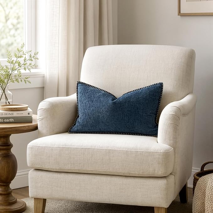MIULEE Pack of 2 Lumbar Throw Pillow Covers 12x20 Inch Dark Blue Farmhouse Decorative Pillow Covers with Stitched Edge Soft Chenille Solid Dyed Pillow Covers for Couch Sofa Bed Living Room