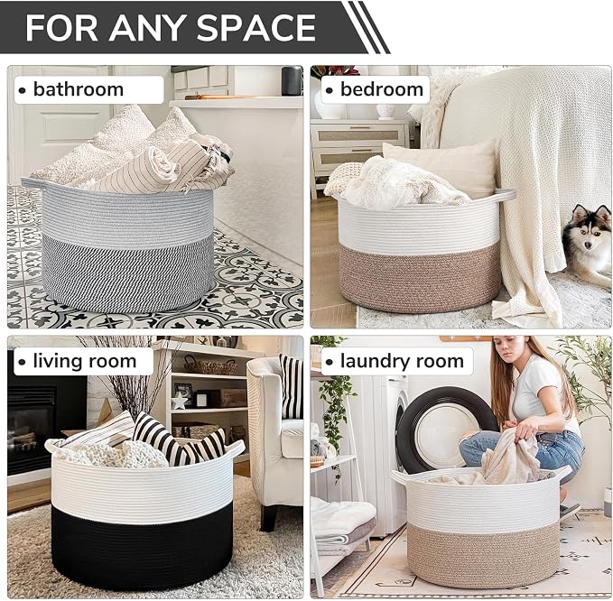 INDRESSME Large Cotton Rope Baskets for Storage, 21.7 x 13.8 Blanket Storage for Living Room Toy Baskets Kids, Baby Laundry Basket for Dirty Clothes, Pillows, 90L White & Black
