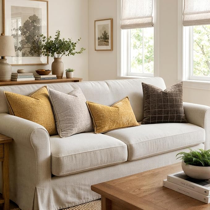 MIULEE Pack of 2 Summer Couch Throw Pillow Covers 20x20 Inch Gold Mustard Yellow Farmhouse Decorative Pillow Covers with Stitched Edge Soft Chenille Solid Dyed Pillow Covers for Sofa Bed Living Room