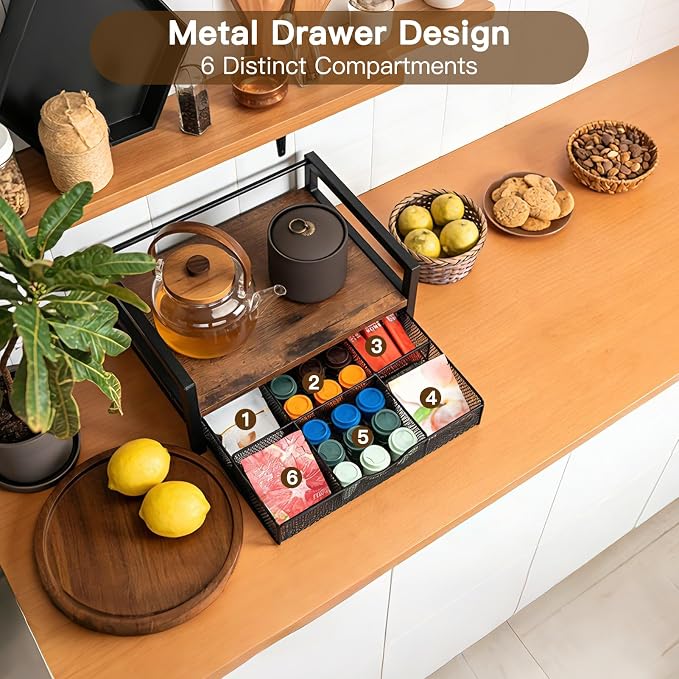 Tea Bag Organizer Holder, Wood Tea Box Organizer with 6 Compartments Storage Drawer, Rustic Brown Tea Station Chest, Countertop Display Storage Container Box for Kitchen Tea Station Chest