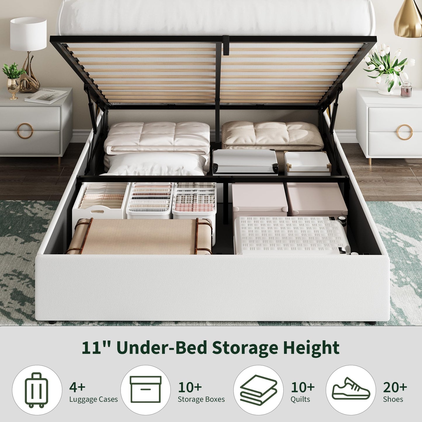 Garvee Queen Size Lift Up Storage Bed Frame with with Gold Wingback Headboard, Velvet Upholstered Bed Frame with Diamond Tufted Design & Gold Trim, Hydraulic Support, No Box Spring Needed, White
