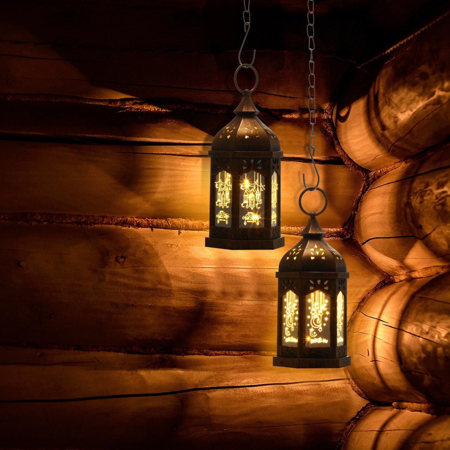 Retisee 4 Pcs 7" Ramadan Large Eid Mubarak Lantern Moon Star Hanging LED Lantern for Home Patio Table Wedding Centerpiece Festival Decoration (4 Styles,Bronze Gold)
