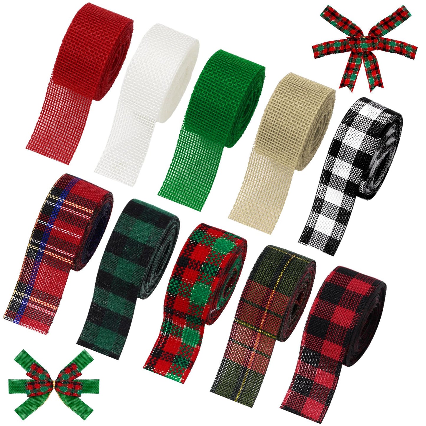 Whaline 10 Rolls 50 Yards Christmas Burlap Ribbon Rolls 1 Inch Wired Plaid Wrapping Ribbons Xmas Decorative Ribbon for Wreath Bow Gift Decor