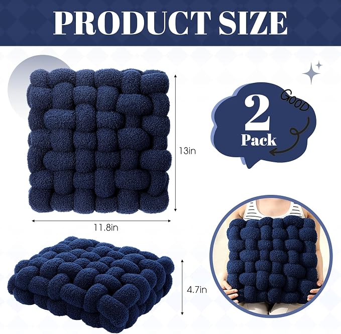 Wenqik 2 Pcs Knot Pillows Square Knotted Plush Throws Soft Accent Pillows Decoration Cushion for Couch Home Office Living Room Bedroom Bed Sofa Decor, 12'' x 13''(Navy Blue,Lambswool)