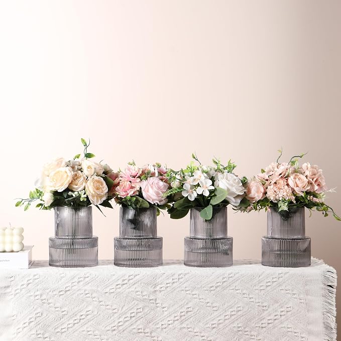 Ribbed Glass Vases, Set of 4 Small Vases for Flowers, Black Glass Vase for Tulips, Modern Vase for Living Room, Kitchen, Office, Entryway, Bookshelf, Wedding Gifts, Birthday, 6 Inches