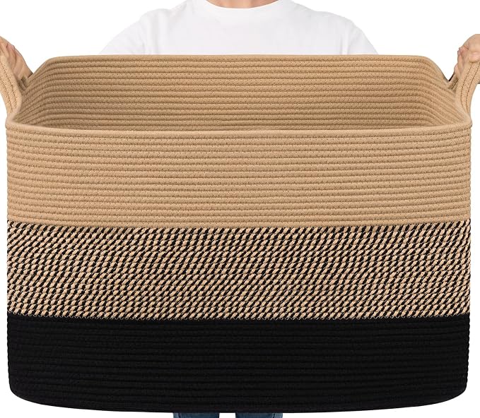 Goodpick 105L Extra Large Blanket Basket 25" x 16" x 16" Cotton Rope Storage Baskets for Organizing, Wicker Laundry Basket with Handles, Rectangle Woven Baskets for Storage, Black & Jute