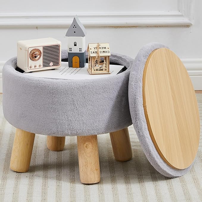 Small Foot Stool Ottoman with Storage, Soft Faux Fur Ottoman Foot Rest for Couch, Round Footstool with Storage, Small Ottomans and Footstools for Living Room and Entryway (Gray)
