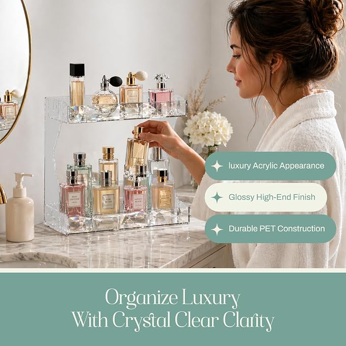Perfume Organizer for Vanity, Premium Clear Acrylic Makeup Organizer Countertop with Non-Slip Trays, Easy 30-Second Assembly, Holds 12–16 Bottles for Bathroom & Dresser (Crystal Clear)