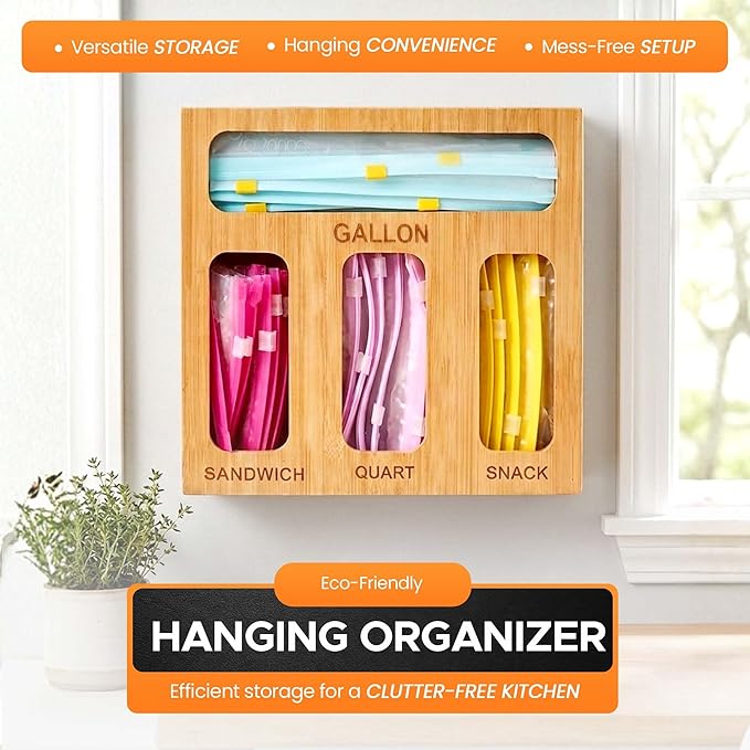 Earth’s Dreams Bamboo Kitchen Drawer Organizer – Resealable Food Storage Bag Holder for Gallon, Quart, Sandwich & Snack Sizes – Eco-Friendly Baggie Organizer for Plastic Storage Bags