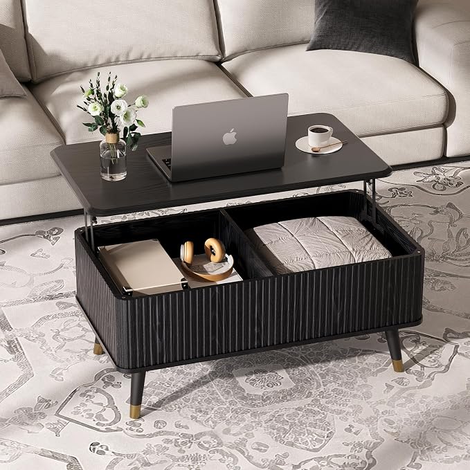JOINICE Lift Top Coffee Table with Storage, Modern Black Fluted Design, Pop-Up Center Table with Hidden Compartment for Living Room & Home Office Work/Dining