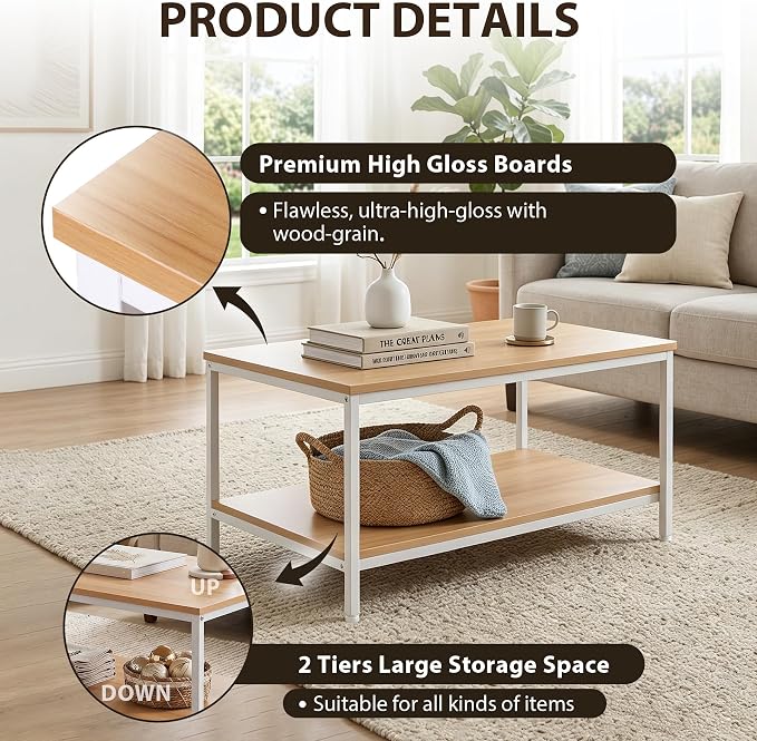 SUPER DEAL 2-Tier Industrial Coffee Table with Storage Shelf for Small Apartment Living Room, Rectangle Wood and Stable Metal TV Stand Side End Table, Natural Wood