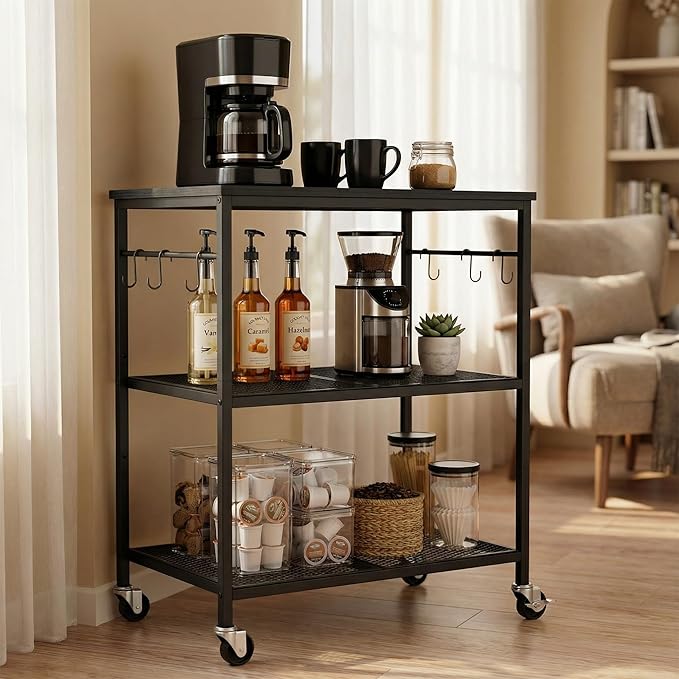 Homleke 3-Tier Rolling Kitchen Microwave Cart, Kitchen Utility Cart on Lockable Wheels, Coffee Bar Table Station with 6 S-Shaped Hooks, Small Appliance Storage Shelf, Black