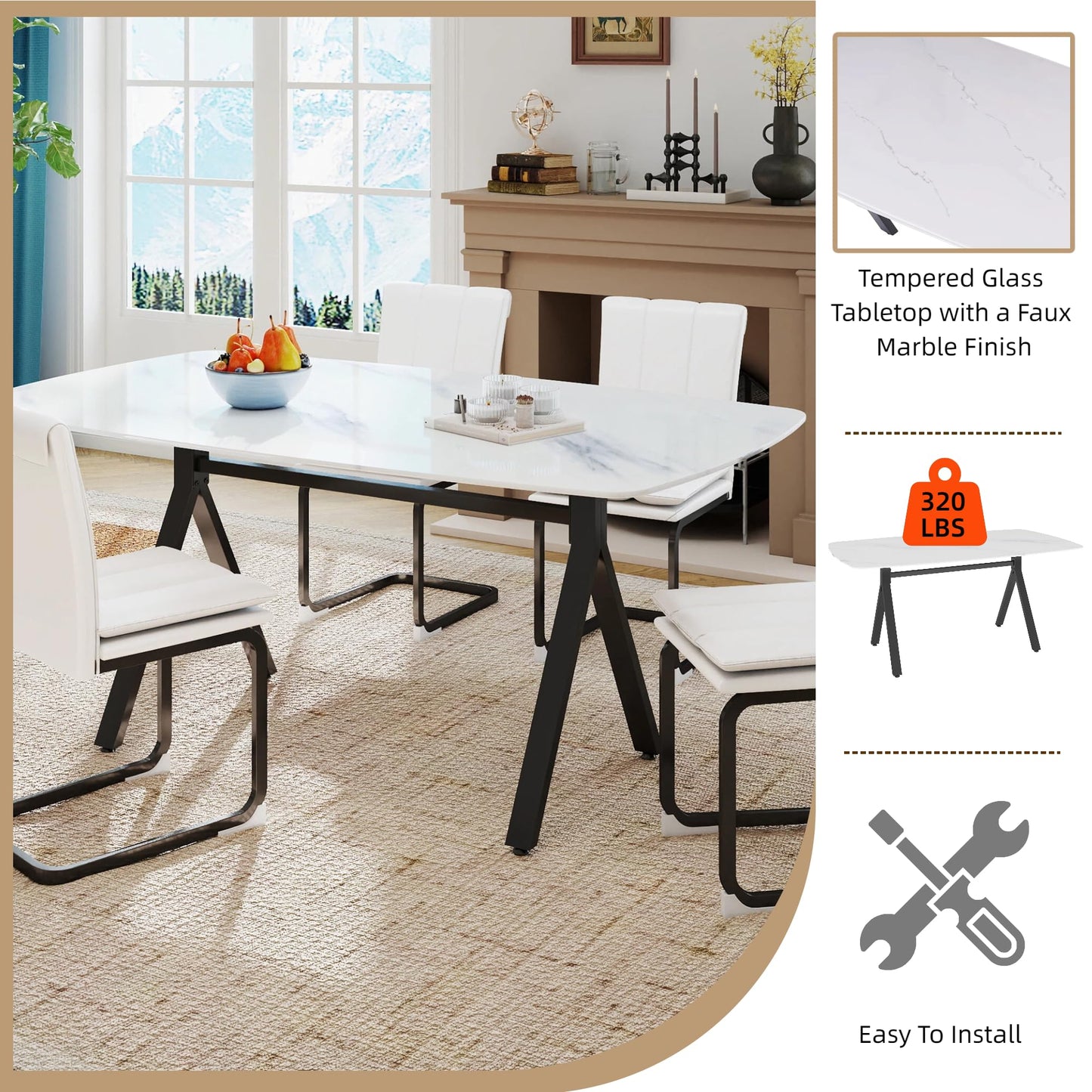 KEIKI 51.2" Rectangular Dining Table for 4-6, Tempered Glass Marble-Top with Gold Metal Legs, Modern Kitchen Dining Table, Space-Saving Rectangular Kitchen Table, White Black