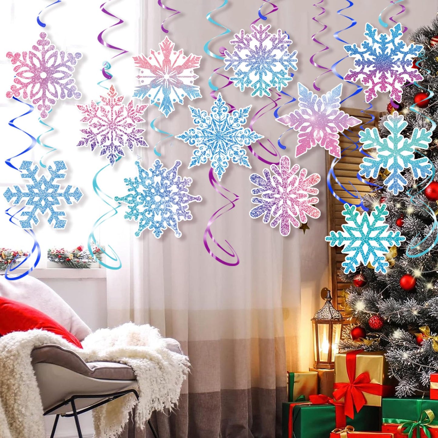 30Pcs Winter Snowflake Hanging Swirl, Frozen Snowflake Ceiling Streamers Hanging Decorations for Christmas Winter Wonderland Frozen Party Supplies