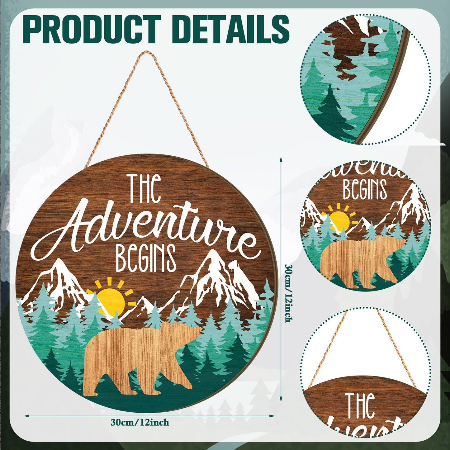 Chunful The Adventure Begins Wooden Hanging Sign, 12 x 12'' Woodland Nursery Decor, Green Trees Brown Background Inspirational Quotes Wooden Plank Sign for Home Cabin, Forest Camping Sign