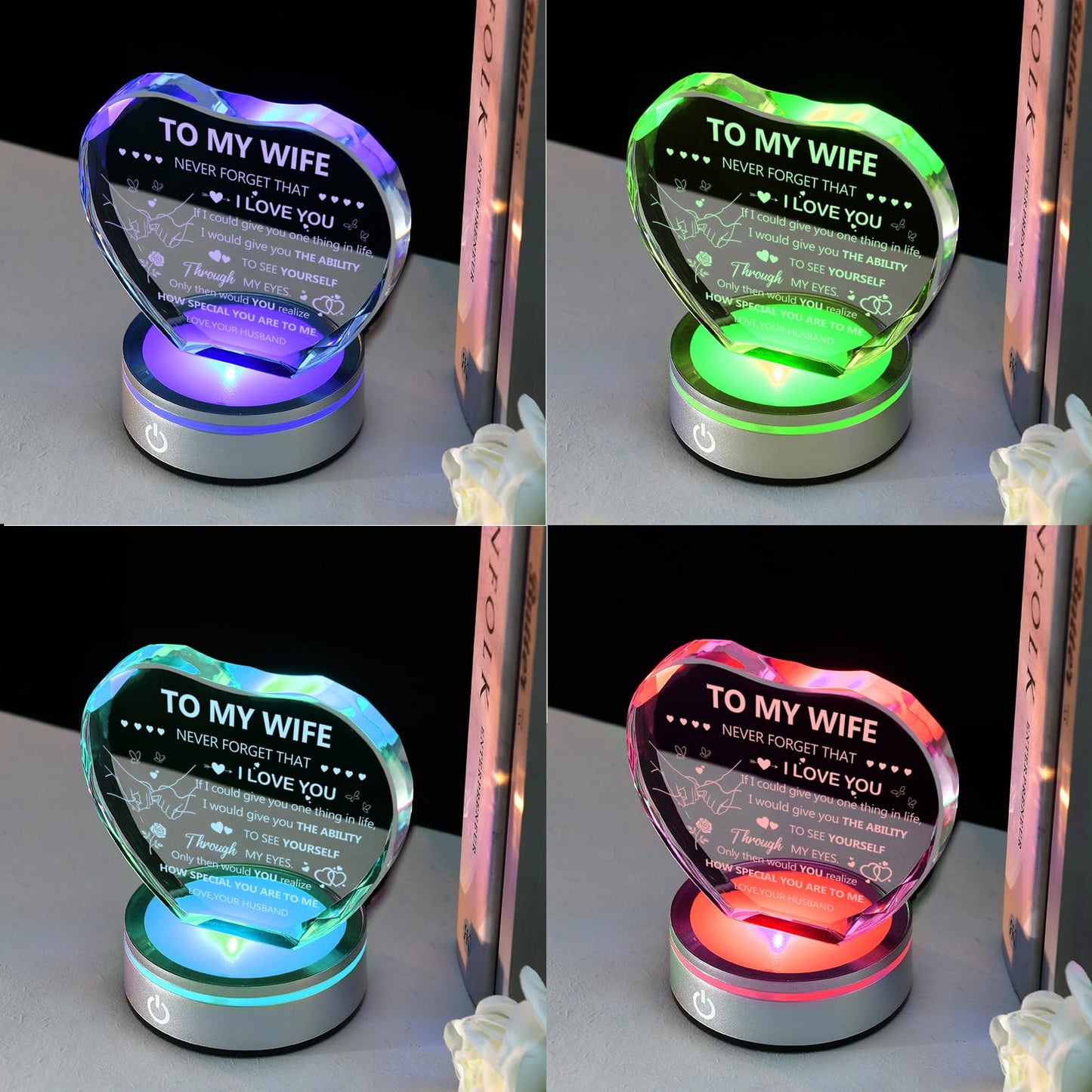IFOLAINA Gifts for Wife I Love You Gifts from Husband Romantic Wife Birthday Gifts IdeasTo My Wife Heart Crystal Plaque with Lighted Base Wedding Anniversary Crystal Lamp