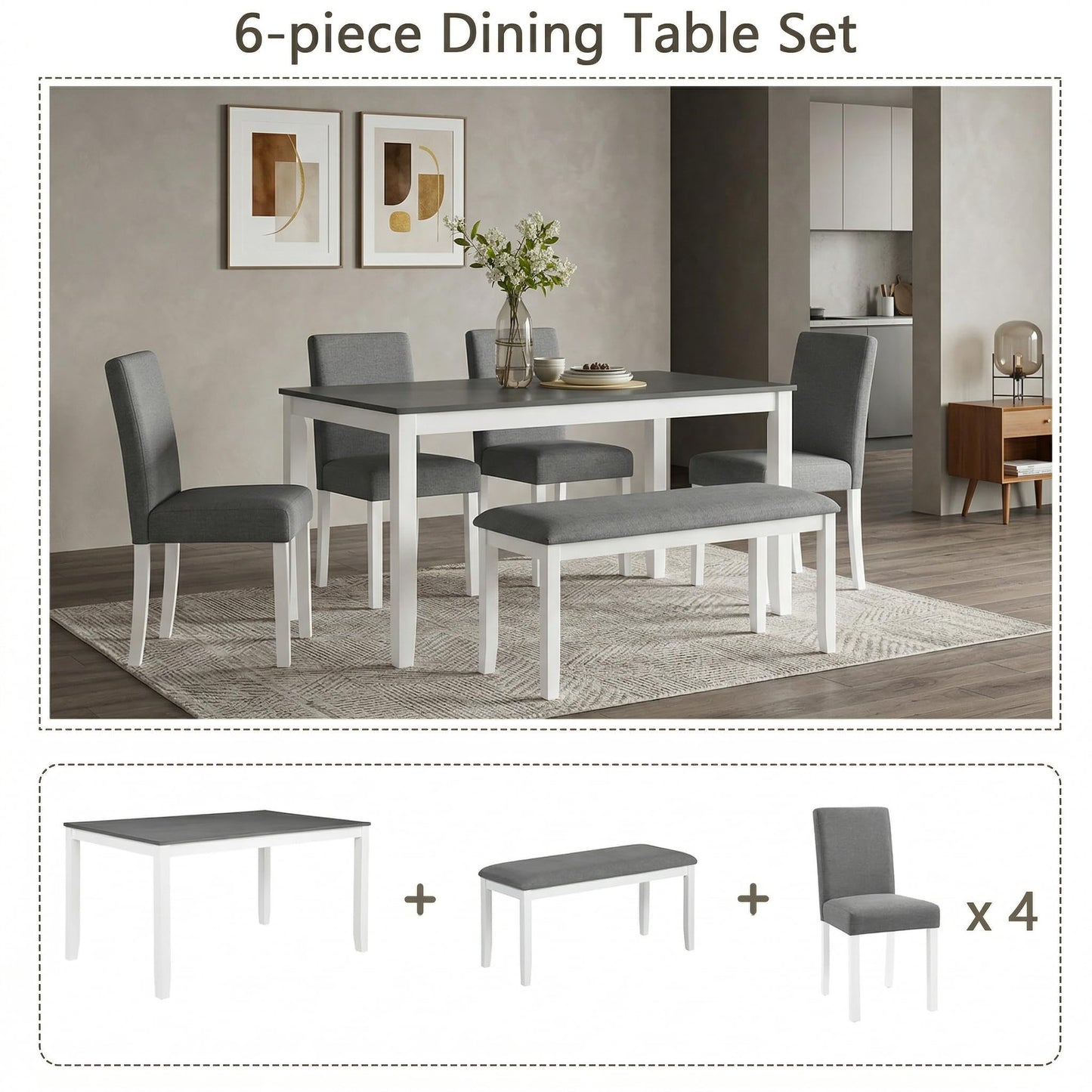 Casaphoria 6-Piece Dining Table Set with Bench and 4 Upholstered Chairs, Modern Wood Kitchen Table Set for 6, Grey & White Two-Tone Furniture for Dining Room, Small Spaces, Family Breakfast & Parties