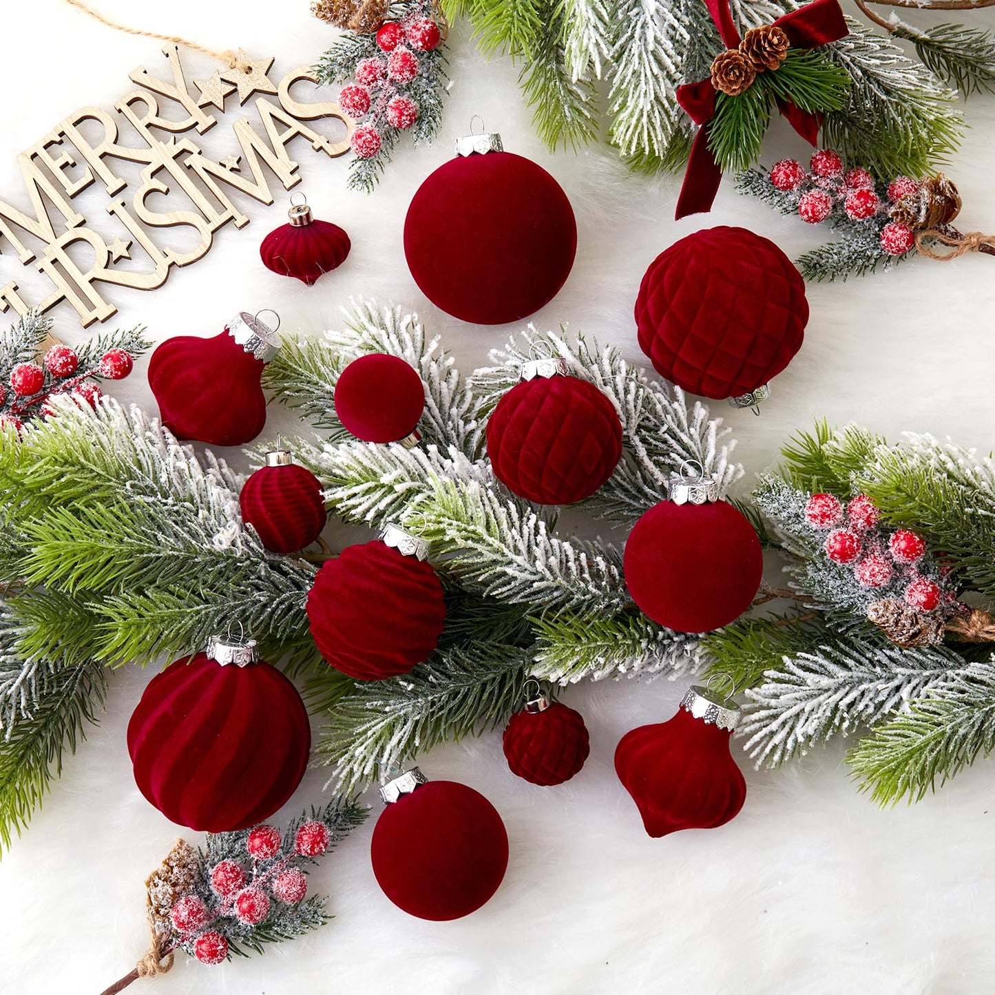 Wironlst Velvet Ornaments for Christmas Tree, 4 Style Flocked Matte Velvet Christmas Ball Ornaments, Shatterproof Decor for Xmas Tree Wedding Holiday Party Home (2.36" 25pcs Burgundy)