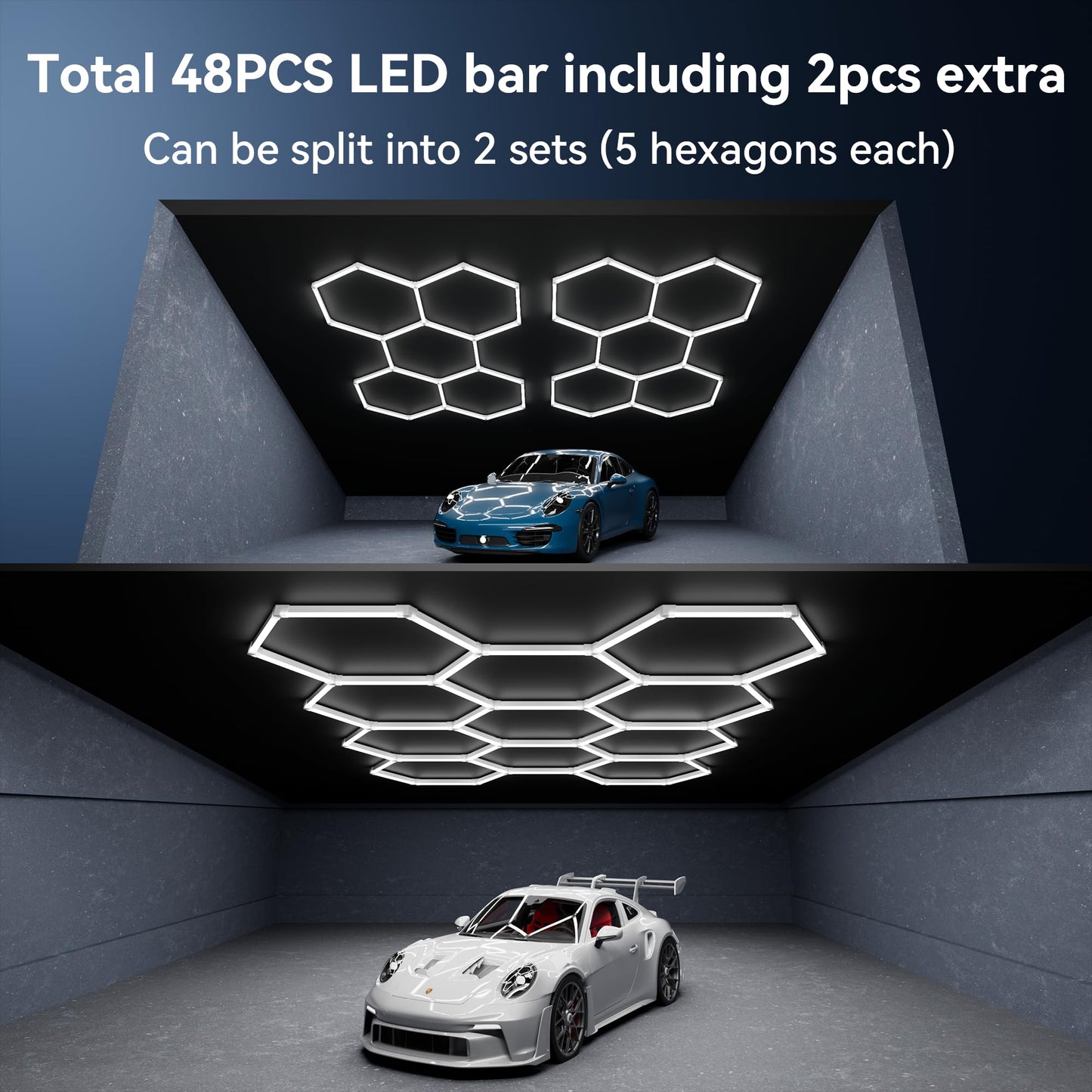 MODERN 11Grids Hexagon Garage Light: 48Pack 384W 47000LM High Brightness Hexagon Garage Lights-Easy Install Honeycomb Ceiling Lights for Warehouse, Gym Basement, Exhibition Hall