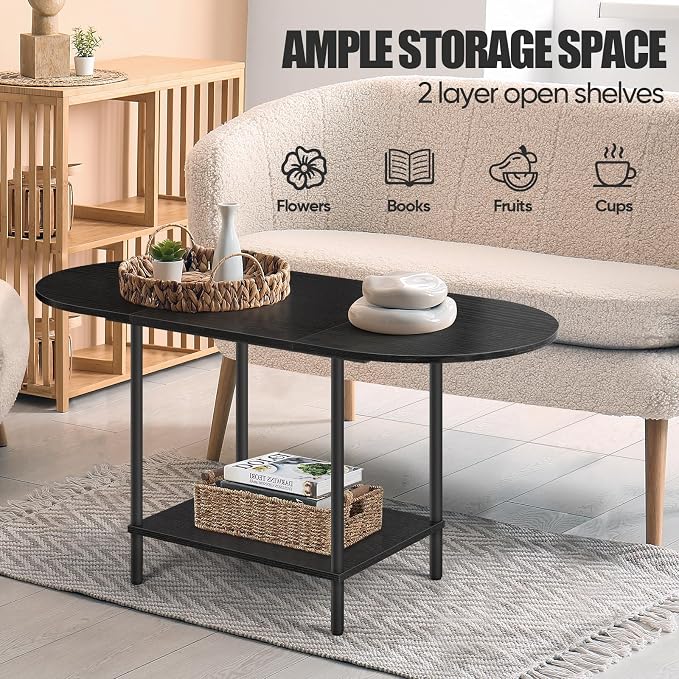 Black Coffee Tables for Living Room,Mid Century Oval Small Center Table with Storage Shelf and Wood Tabletop,2-Tier Farmhouse Low Cocktail Tea Table for Small Space,Apartment