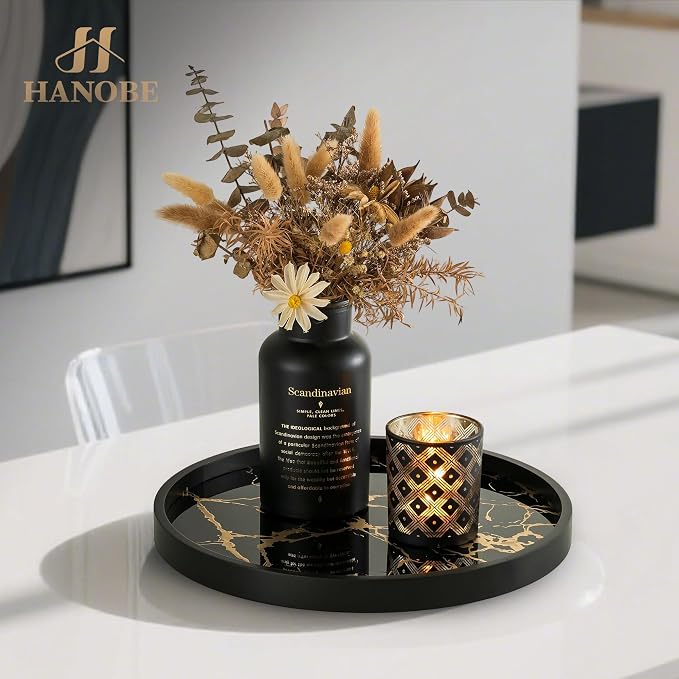 Hanobe Decorative Tray for Home Decor: Black Imitation Marble Round Serving Tray 11.8" Modern Coffee Table Centerpiece for Display Bar Table Living Room Entryway Kitchen Corner