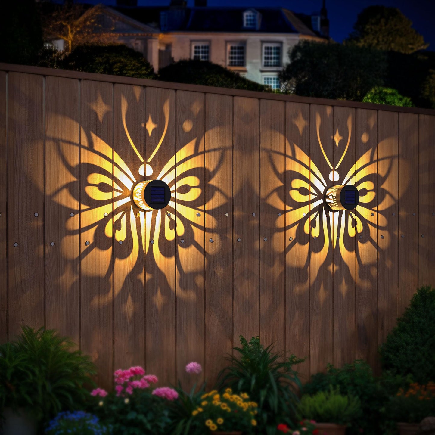 Hapjoy Solar Fence Lights 2 Pack Outdoor Deck Step Wall Lights Metal Waterproof LED Warm Yellow Light for Garden Post Patio Backyard Yard Decor (Butterfly-Star, 2)