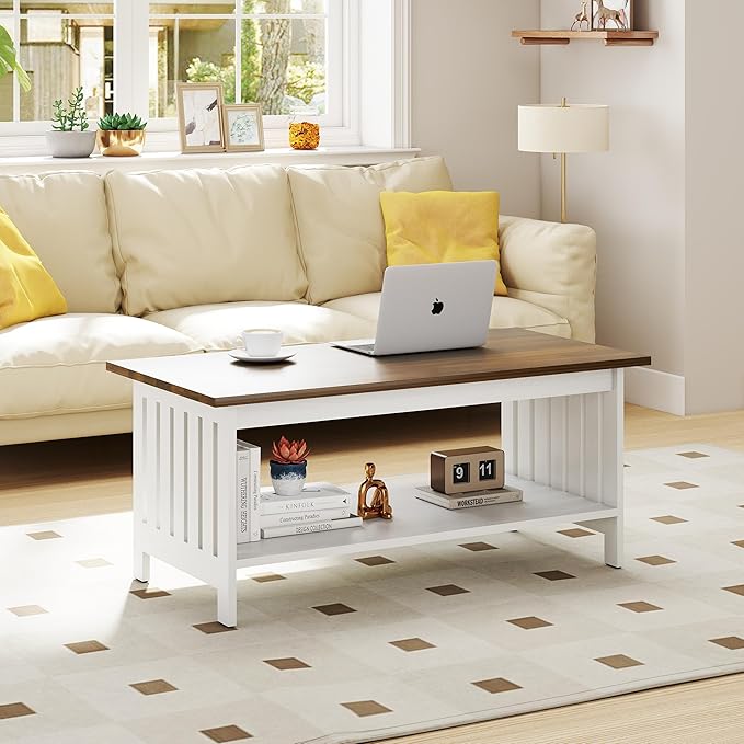 YOSHOOT 39.4" Farmhouse Coffee Table, Small Coffee Tables for Living Room | White, 2 Tier Coffee Table with Storage, Tea Table for Living Room Bedroom Small Space