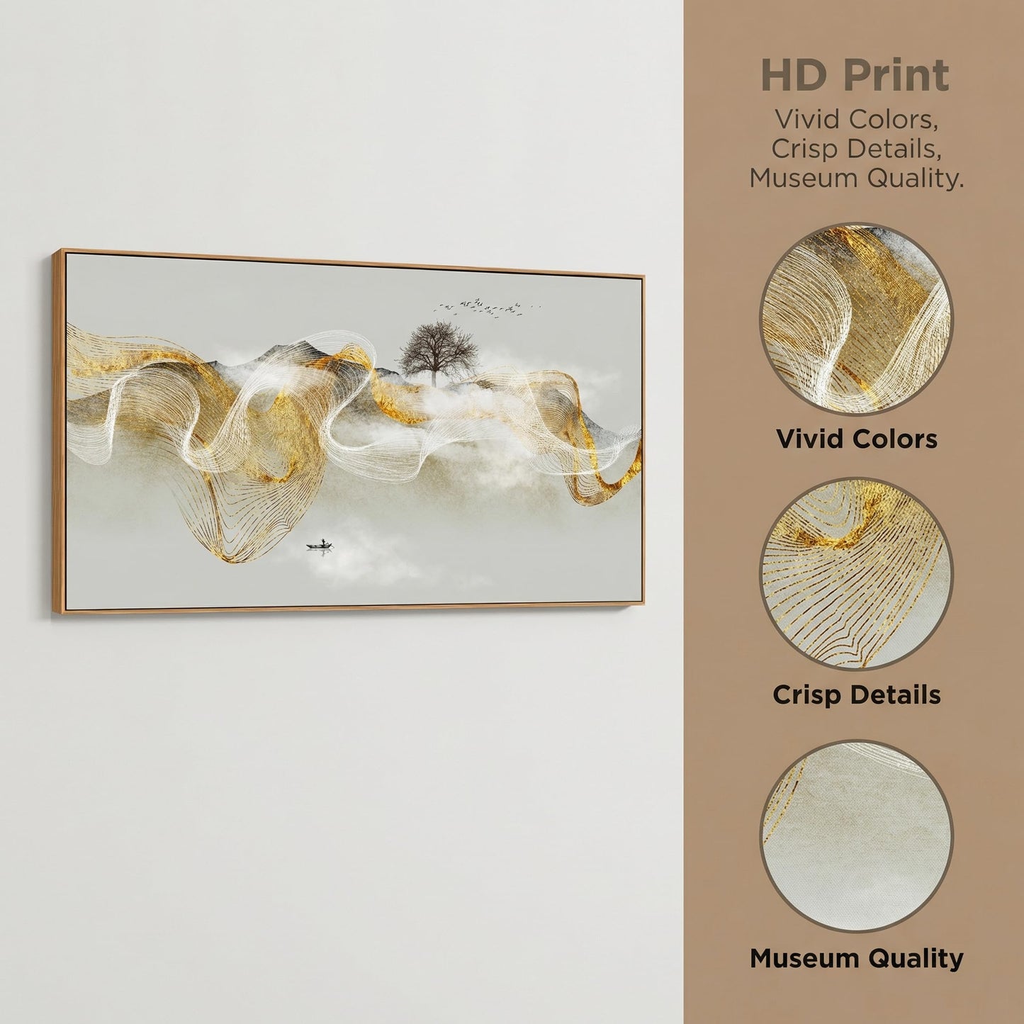 HUADAOART Wall Art Modern Zen Light Luxury Natural Landscape with Golden and White lines Background Wall Decor Canvas Prints for Living Room Bedroom 20x40 Inches (Framed)