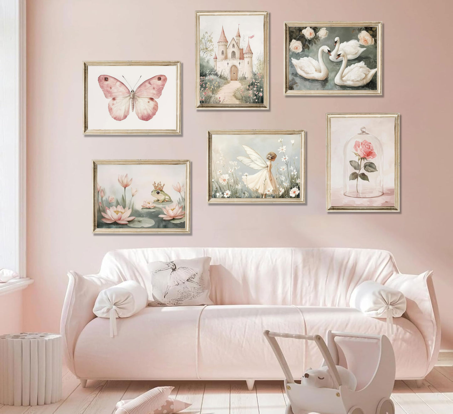 6Pc Coquette Wall Art Pastel Pink Trendy Posters Wall Decor White Swan Butterfly Frog Painting Pictures Castle Elf Aesthetic Floral Canvas Prints for Nursery Teen Girls Bedroom College Dorm Unframed