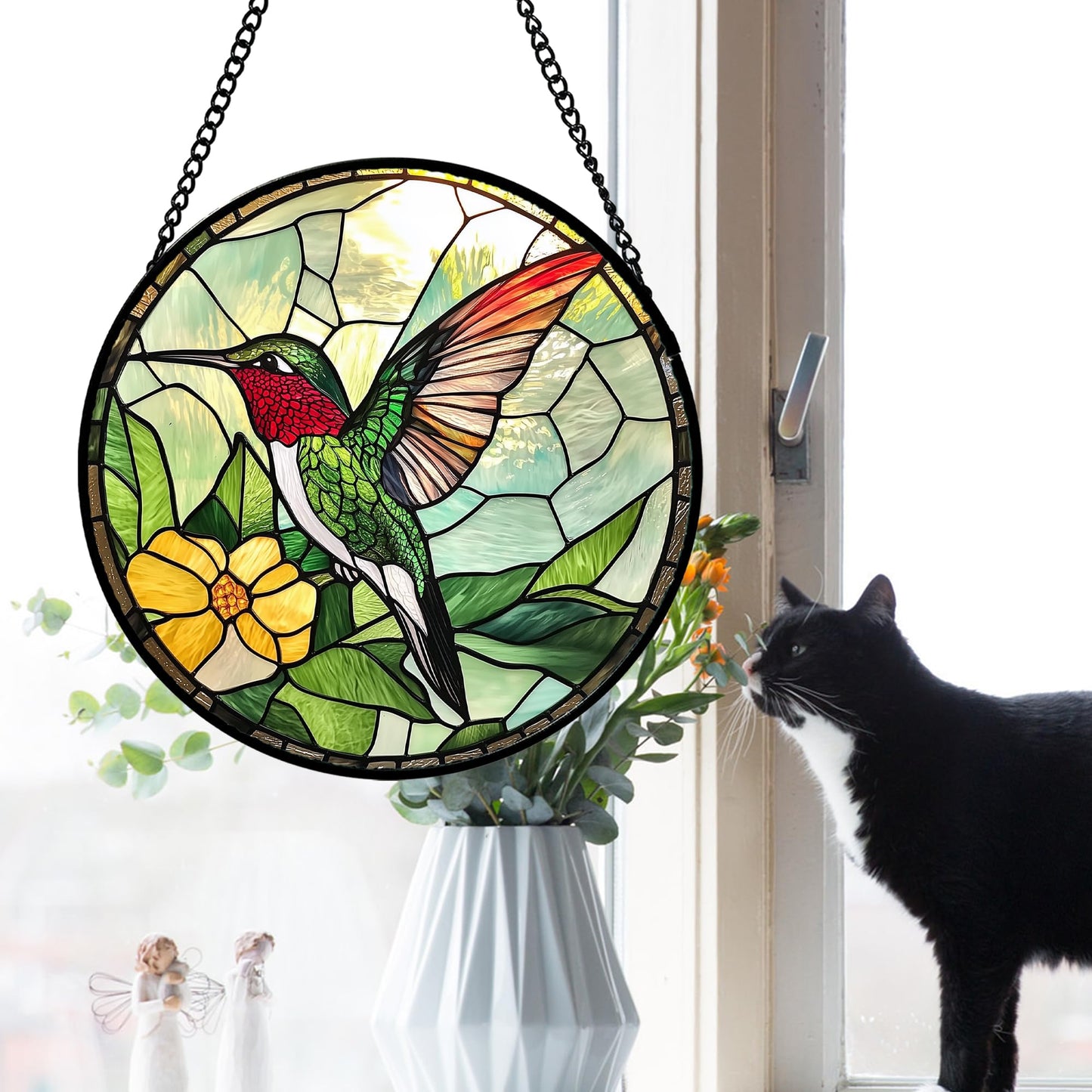 AMDERVEN Stained Glass Window Hanging, Green Hummingbird Sun Catcher for Door Home Decor, Birds Suncatcher Christmas Mother's Day Birthday Gifts for Bird Lovers Women Men Mom and Nana 6.3 in