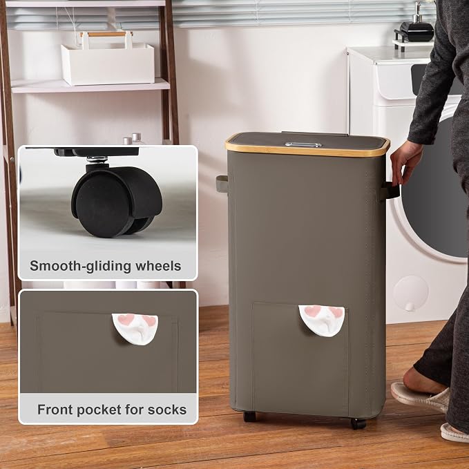 Vincona Laundry Basket with Wheels, Tall Dirty Clothes Hamper on Wheels, Rolling Laundry Hamper with lid for Dorm, Bedroom and Bathroom