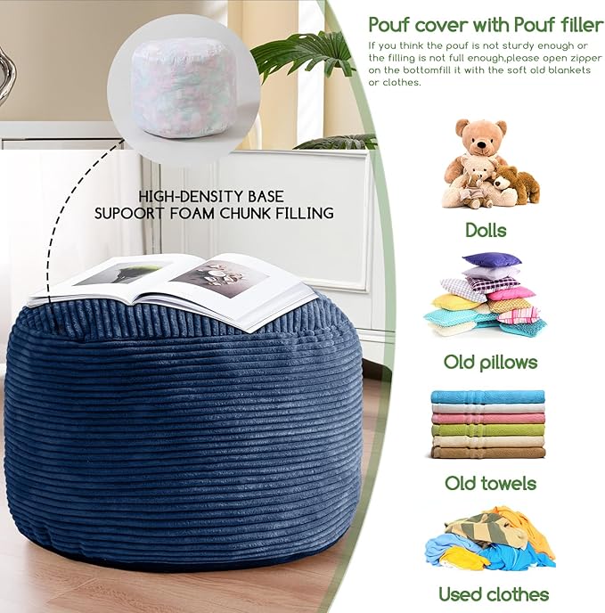 HIGOGOGO Round Stuffed Pouf Ottoman, Corduroy Poufs with Foam Chunk Filling, Furry and Fluffy Pouf Foot Stool Storage Ottoman, 26 X 18 Floor Poufs Foot Rest for Living Room, Bluestone