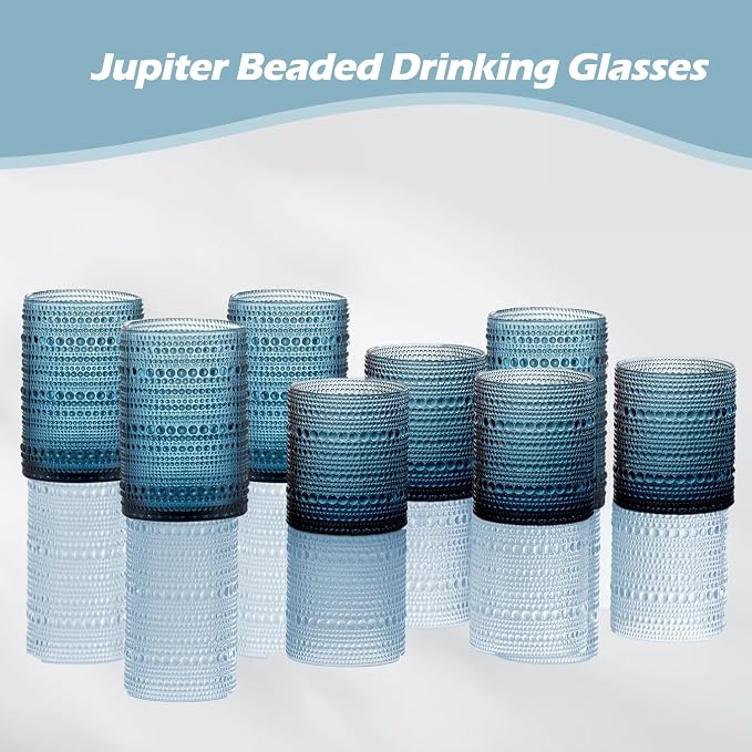 Hobnail Drinking Glasses with Straws, 15oz&12oz Vintage Glassware Set of 12, Blue Hobnail Glassware Embossed Vintage Water Cups, Highball Glasses for Cocktail,Whiskey,Beer and Juice