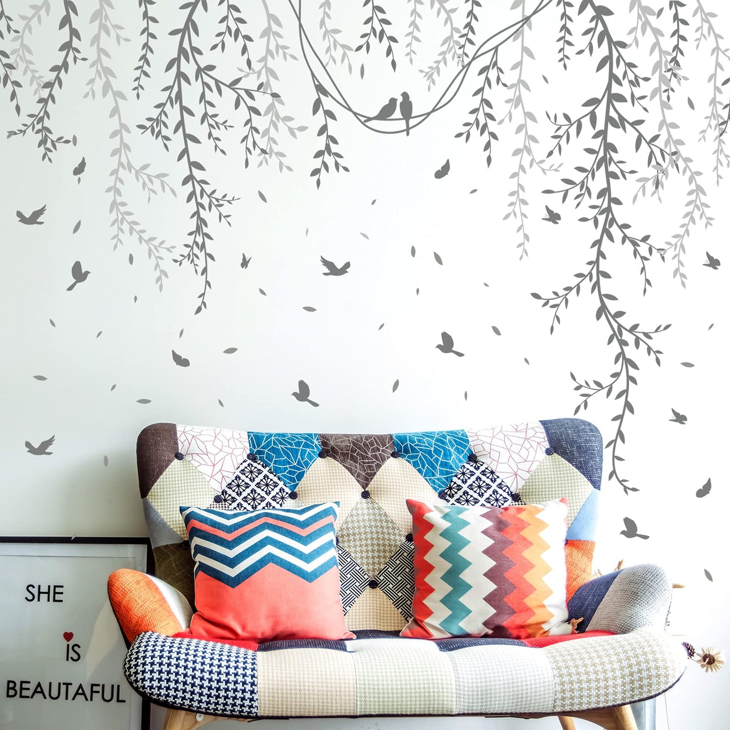 DRWSSR 3D Removable Grey Vines Wall Stickers - Peel & Stick DIY Wall Decals with Flying Birds, Waterproof PVC Wall Decor for Kids Room, Bedroom, Living Room, Office (30x45cm x6, 89x164cm Coverage)