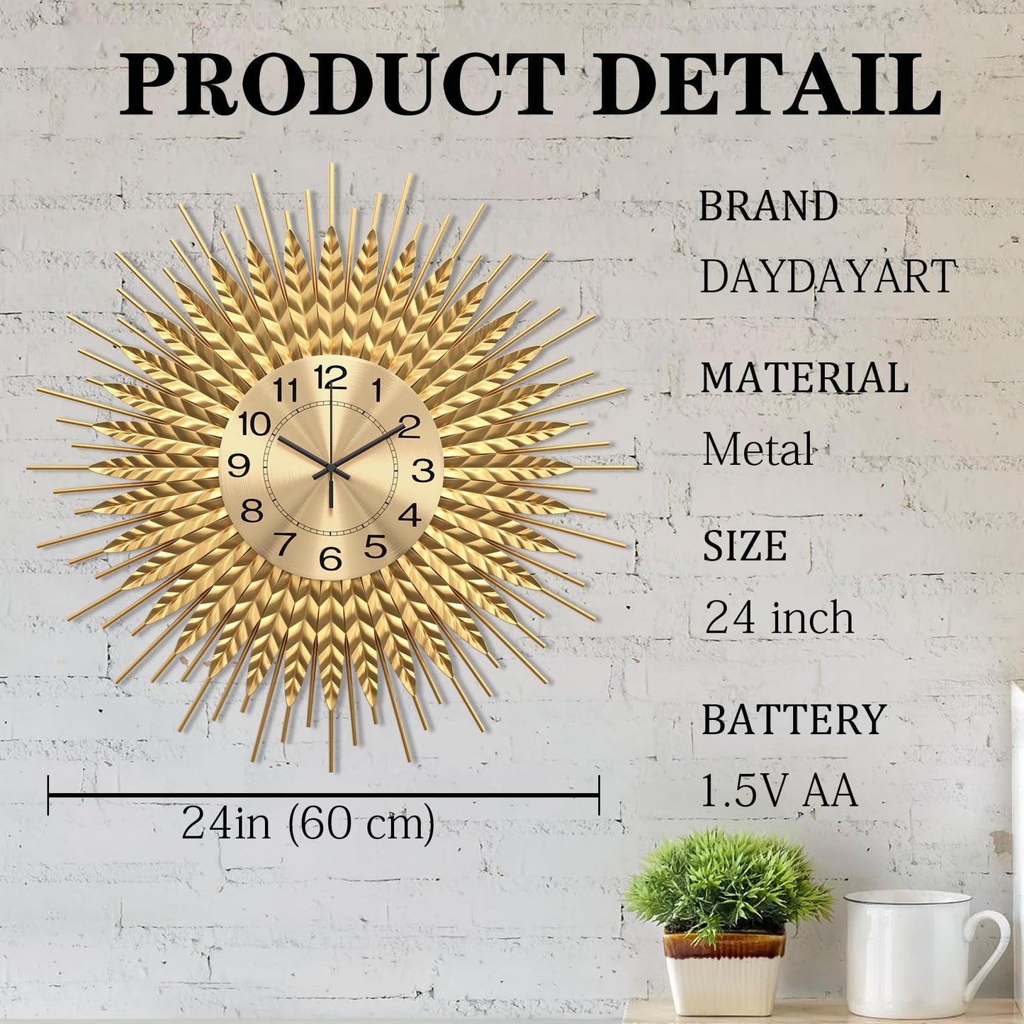 DAYDAYART Modern Large Wall Clock Decorative Metal Mid Century Wall Clocks, Gold Big Silent Non-Ticking Clock, Modern Handmade Home Art Decor for Living Room, Bedroom, Dining Room, 24 Inch