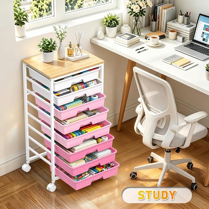 SUNALLY Rolling Storage Utility Cart With 8 Drawers, Storage Drawer Cart with Wooden Tabletop and 2 Lockable Wheels, 8 Tier Rolling Cart for Craft Art Supply Storage & Home Office Organization, Pink