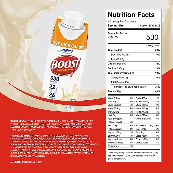 Boost Very High Calorie Vanilla Nutritional Drink ??22g Protein, 530 Nutrient Rich Calories, 8 Fl Oz (Pack of 24)