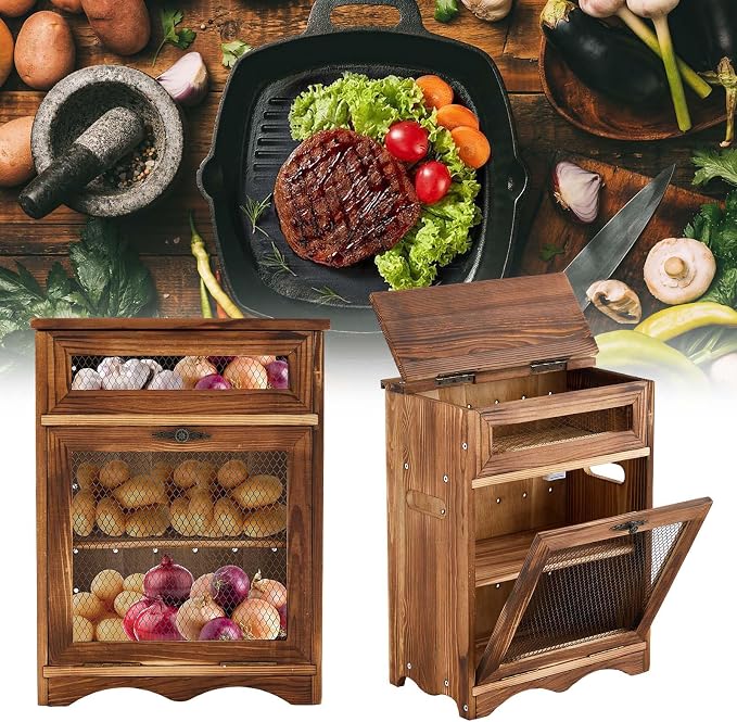 Colingmill Wooden Potato Onion Storage Bin for Kitchen Counter, Farmhouse Vegetable Storage Cabinet with Mesh Door & Lid Rustic Countertop Potato Organizer for Onion Garlic Bread, 11.8 x 6.8 x 16 Inch