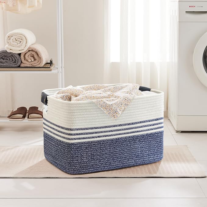 86L Extra Large Laundry Basket with Leather Handles for Living Room Storage, Woven Rope Baskets for Blanket, Kids Toy, Gifts, Wicker Hamper for Bedroom Dirty Clothes, 24"x16"x14" Denim Blue