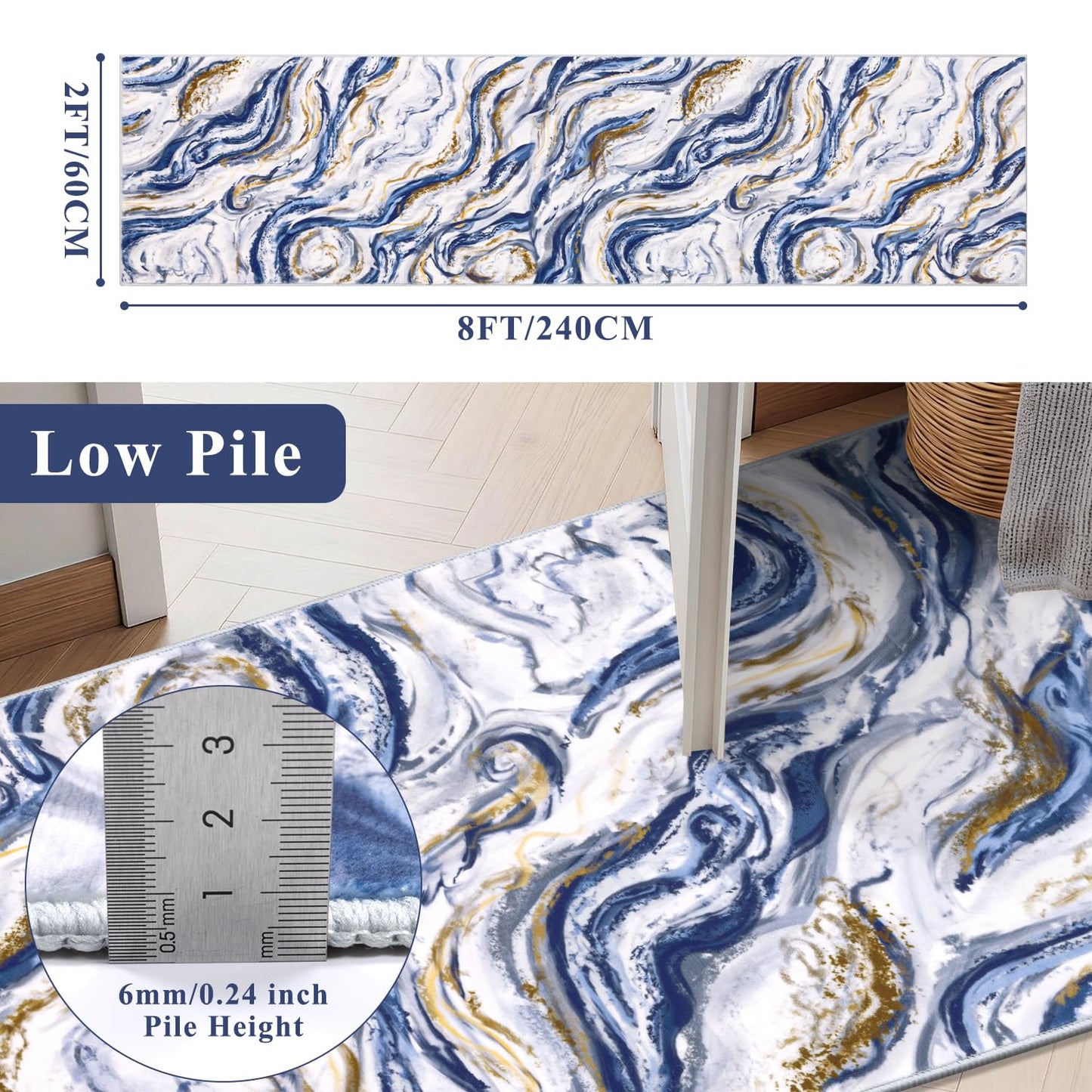 Yamaziot 2x8 Washable Runner Rug for Kitchen Hallways, Modern Abstract Non-Slip Rug with Rubber Backing, Stain Resistant & Low Pile Carpet Runner for Bedroom, Laundry, Entrance,Blue