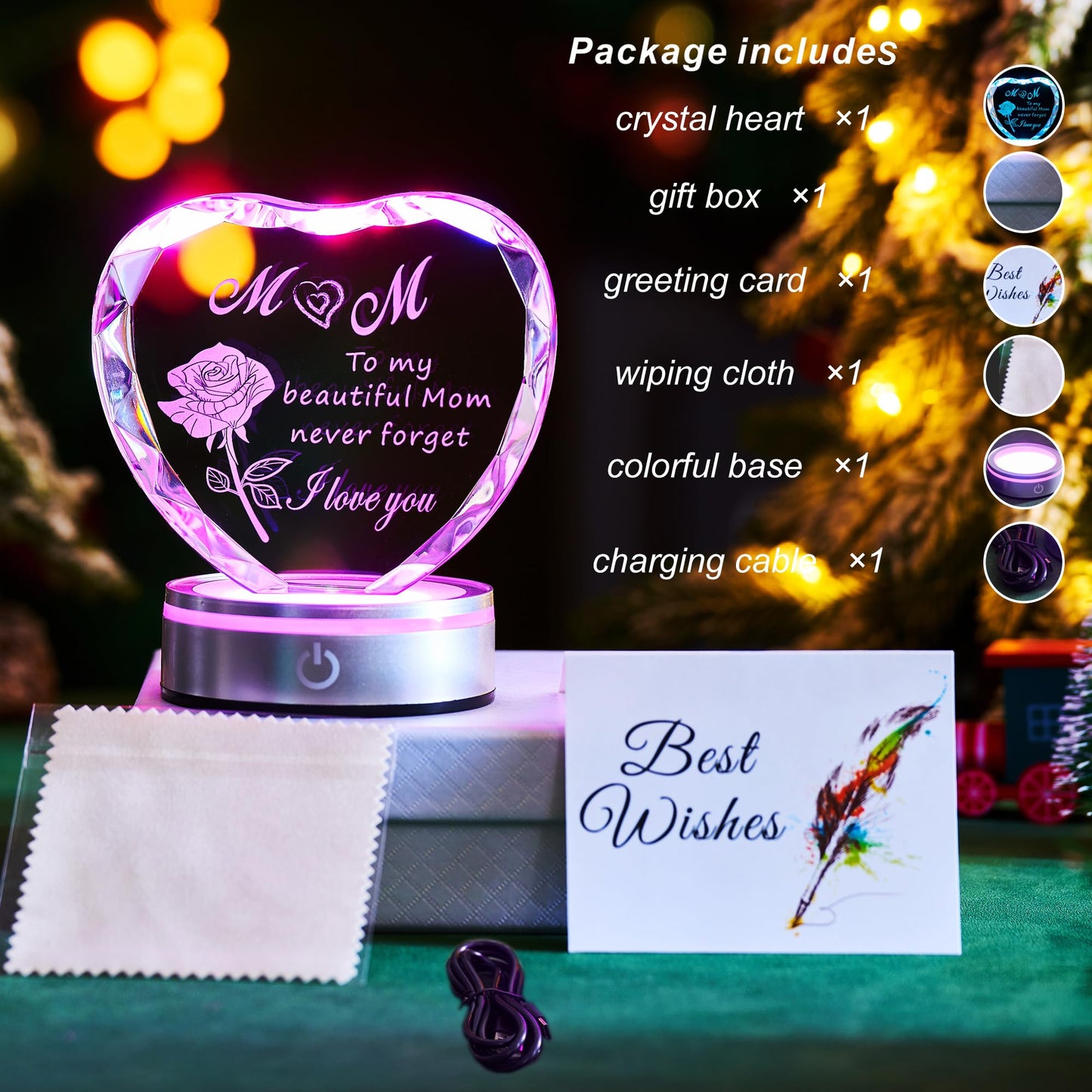 Ghtixsu Heart Shaped Crystal Plaque for Mom, Laser Engraved Gift with Color Changing LED Light Base, Mothers Day Birthday Christmas Gift from Daughter Son