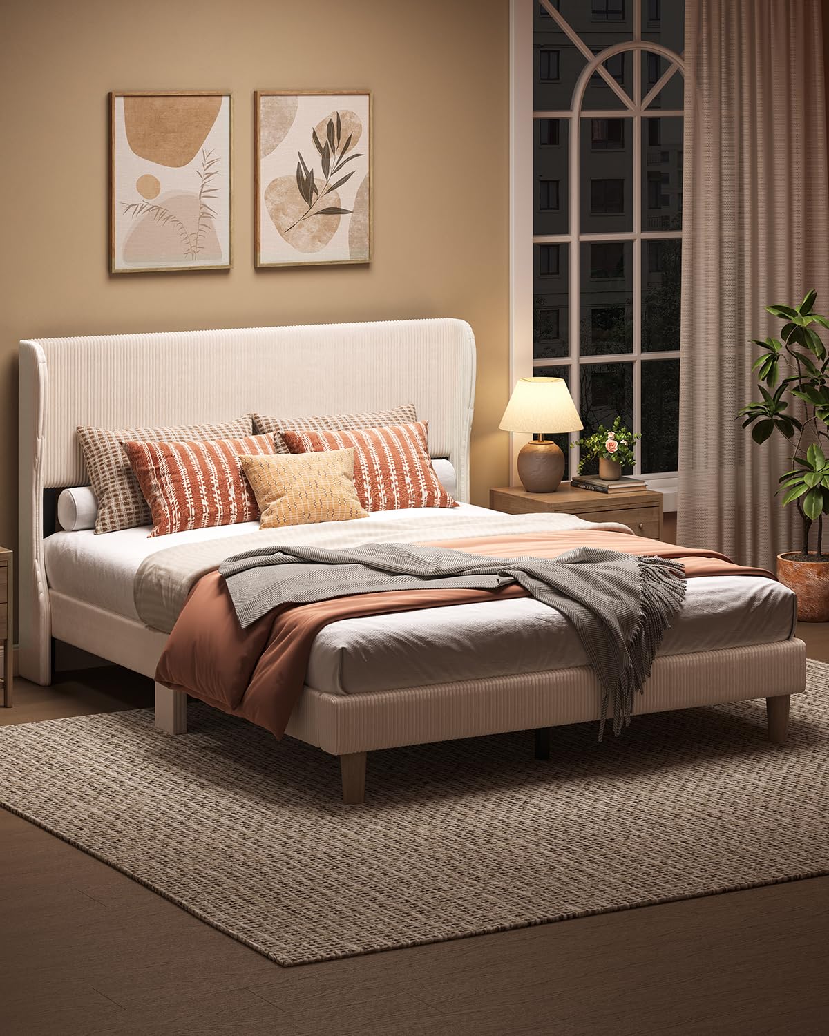 Bestier Queen Size Bed Frame with Wingback Headboard,Platform Queen Upholstered Bed with Strong Wooden Slats,No Box Spring Needed,Never Squeaks,Easy Assembly,Beige