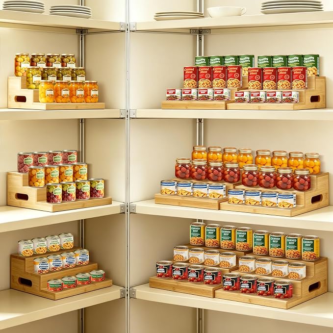 2 Pack Bamboo Expandable Can Rack Organizer for Pantry, Stackable 3 Tier Canned Food Organizers and Storage, Kitchen Cabinet, Food Can Holders Dispensers for Pantry Up To 48 Cans
