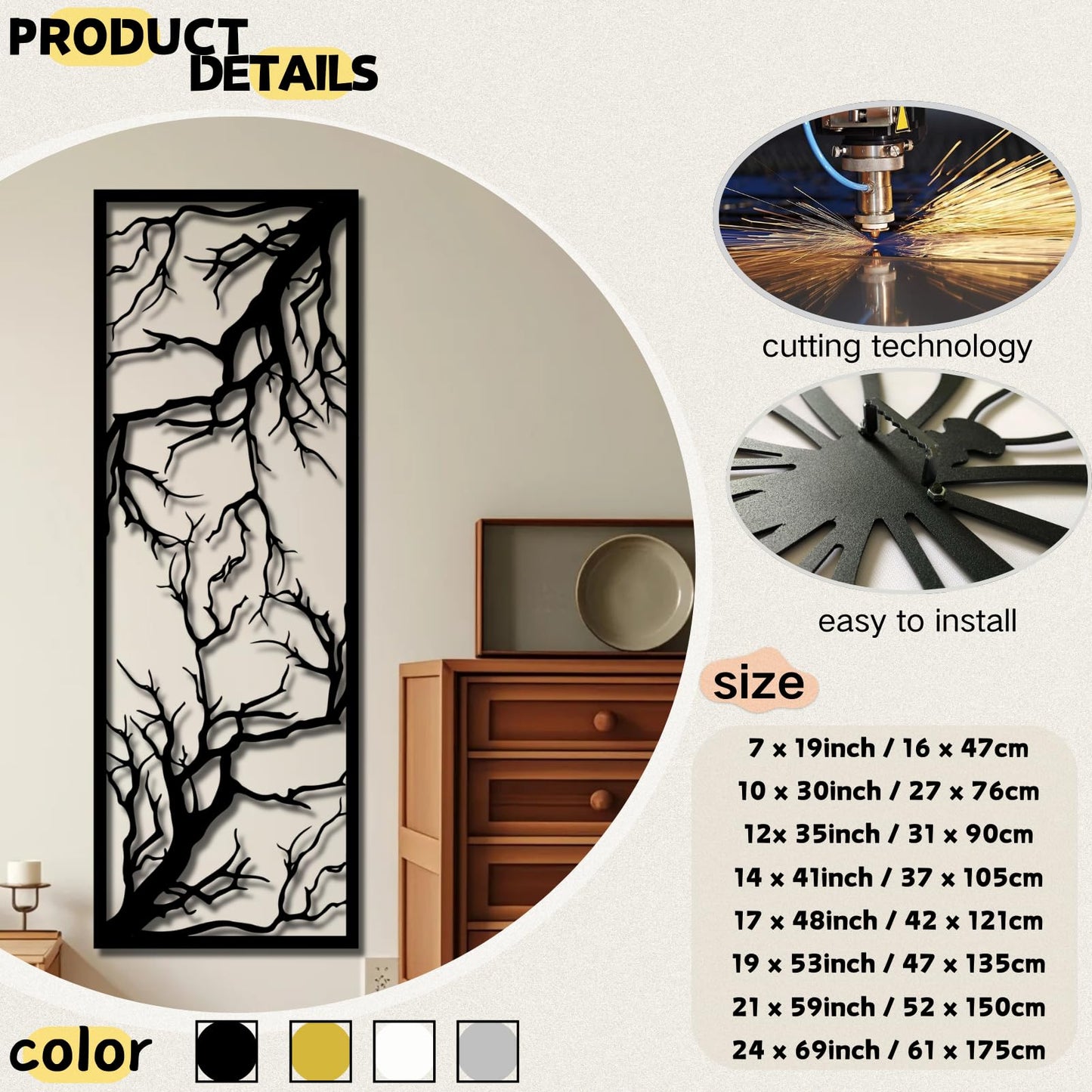 Tree Branch Decor,Metal Tree Branch Wall Art,Metal Tree Branch Wall Decor,Metal Tree Wall Decor,Tree Wall Art,Metal Wall Decor Tree Branches,Home Decor,Living Room Decor (Black, 12x35inch / 31x90cm, metal wall art)