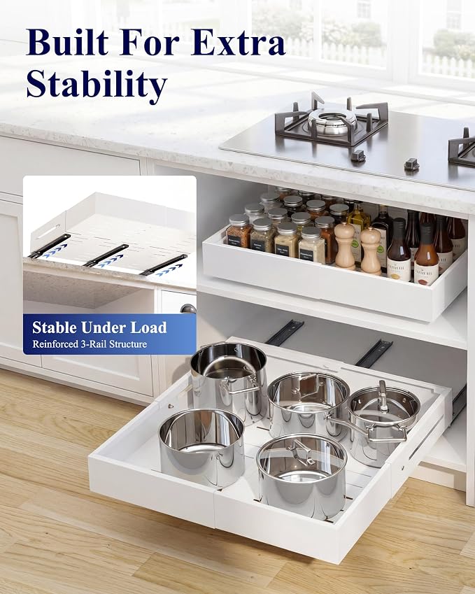 Kitsure Pull Out Cabinet Organizer - 2 Pack(12.6"-21" D x 12"-20.4" W) Expandable Sliding Cabinet Shelves, Smooth Glide Drawer Organizer, Kitchen & Pantry Storage, Framed & Frameless Cabinets