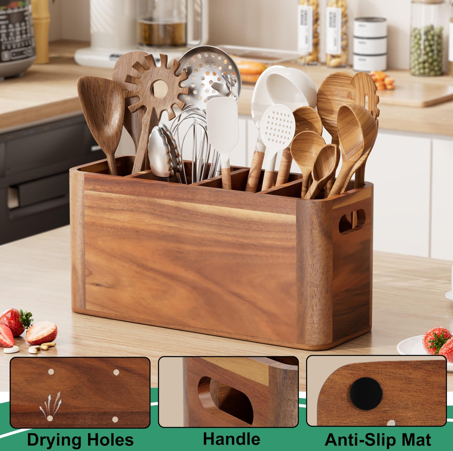 ZUJJAFY Utensil Holder, Extra Large Kitchen Utensil Holder for Counter with 4 Compartments, Wooden Kitchen Utensils Organizer for Countertop Cooking Spatula Storage, Acacia Wood